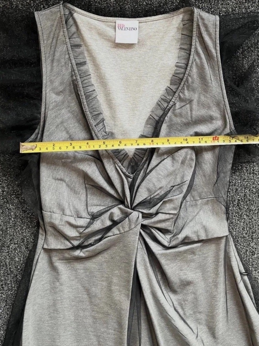RED Valentino Grey Tulle Sleeveless Mini Dress Black Ruffle V-Neck Cotton Sz M - Picture 7 of 11